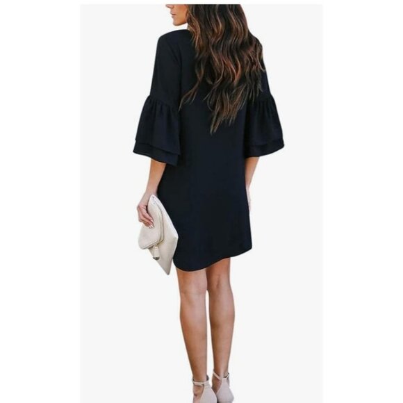 Womens Black Bell Sleeve Shift Small Mini Dress V-Neckline Party Cocktail Sexy - Picture 2 of 10